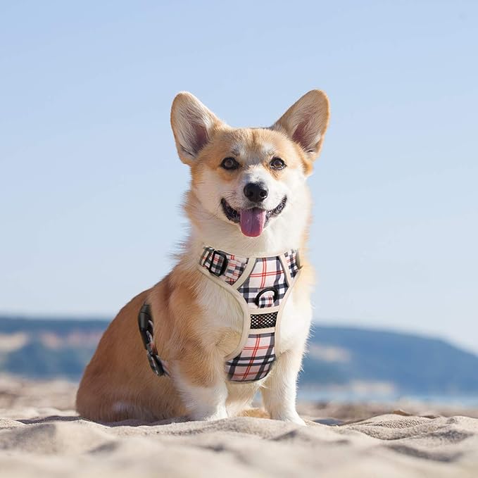 PoyPet Plaid Dog Harness, No Pull Front Clip Pet Vest Harness, Soft Padded Reflective Adjustable Walking Harness with Handle for Large Dogs(Checkered Beige,L)