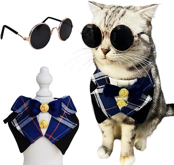 Dog Tuxedo Formal Cat Wedding Bandana Collar with Bow Tie Cat Birthday Costume Dog Wedding Attire Valentines Outfit Pet Gentlemen Sunglasses (Black)