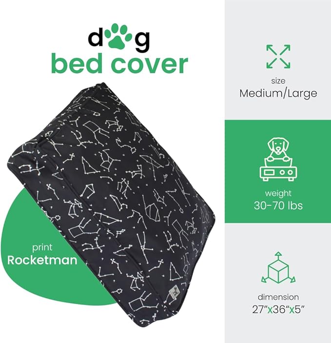 Molly Mutt Medium to Large Dog Bed Cover - Rocketman Print - Measures 27”x36”x5’’ - 100% Cotton - Durable - Breathable - Sustainable - Machine Washable Dog Bed Cover