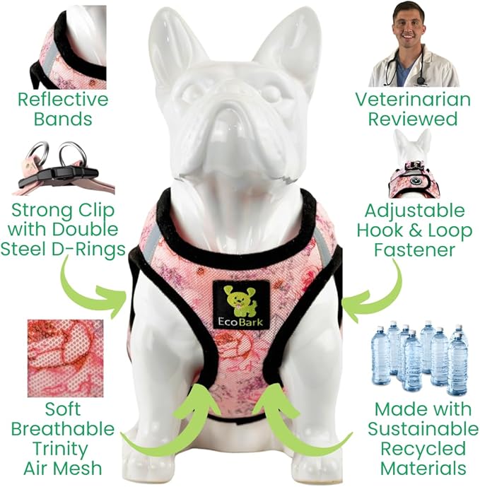 EcoBark Small Dog Harness - No Pull Step in Soft Luxury Mesh - Halter Vest for Toy Breeds - Cute Adjustable Halter Body Wrap (Small, Floral)