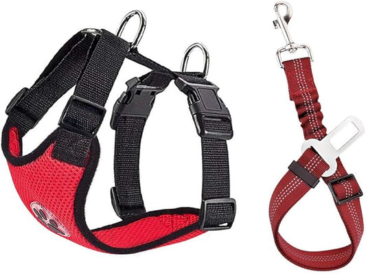 SlowTon Dog Seat Belt Harness for Car, Dog Car Harness Adjustable Mesh Breathable & Dog Seatbelt Safety Tether with Elastic Bungee for Small Medium Large Pets(Red Seatbelt, Single Clip, XXXS)