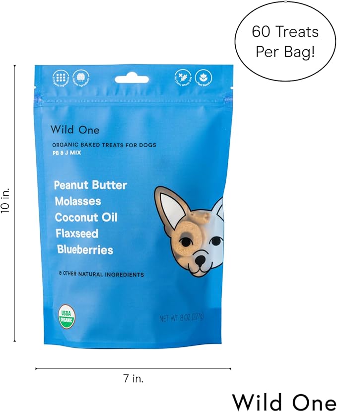 Wild One Organic Natural Crunchy Baked Dog Treats Made in The USA Peanut Butter & Jelly 8 Ounce 3 Pack