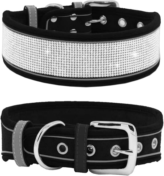 Bling Rhinestone Dog Collar Soft Comfortable Stylish Dog Collar with Bright Reflective Stripe Premium Adjustable Diamond Crystal Pet Collar for Small Medium and Large Dogs (L, Black)