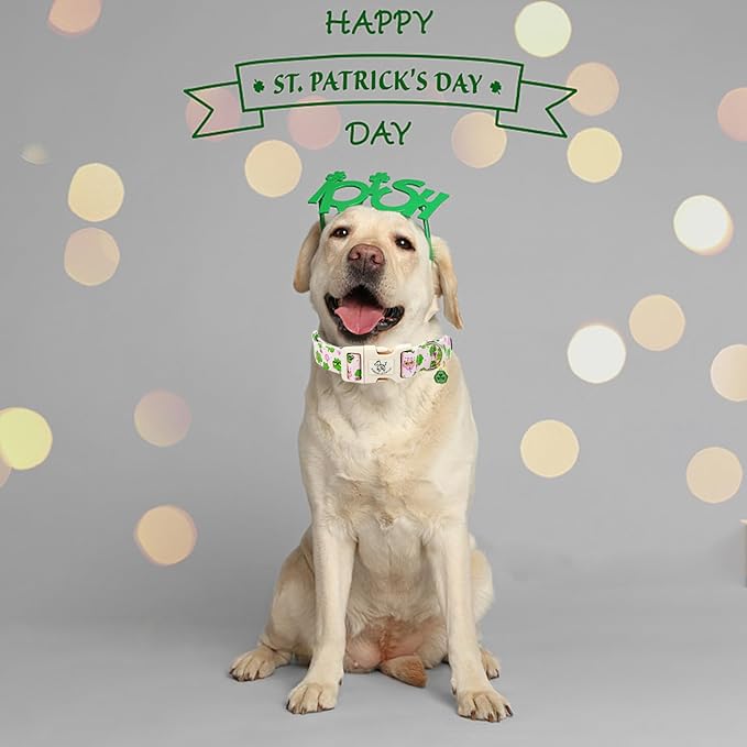 Elegant little tail St Patrick's Dog Collar-Cute Colver Cotton Shamrock Pet Collar Trefoil Pink Holiday Adjustable Cotton Pet Collar with Quick Release Buckle for Small Medium Large Dogs