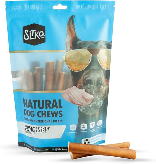 Sitka Farms Bully Sticks XL 6 inch - 10 Count - Premium Natural Single Ingredient for Aggressive Chewers - High Protein Long Lasting Treats