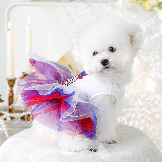 4th of July Dog Dress for Small Dogs Independence Day Girl Puppy Dresses with Stars Patriotic Cat Outfit Tulle Skirt Holiday National Day Pet Clothes (4th of July, Medium)