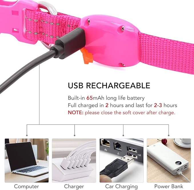 Visinite Light Up Dog Collars for Small Dogs,LED Dog Collar Light Rechargeable,Fully Adjustable Lighted Dog Collar,Glow in The Dark Dog Collars with Dog Lights for Night Walking,Pink