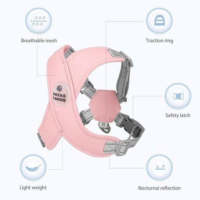 Patas Lague Dog Harness with Leash Set Adjustable Soft Padded Step-in Dog Vest No Choke No Pull Reflective for Medium Pets with Poop Bags and Dispenser, Solid and No-chew, Pink L