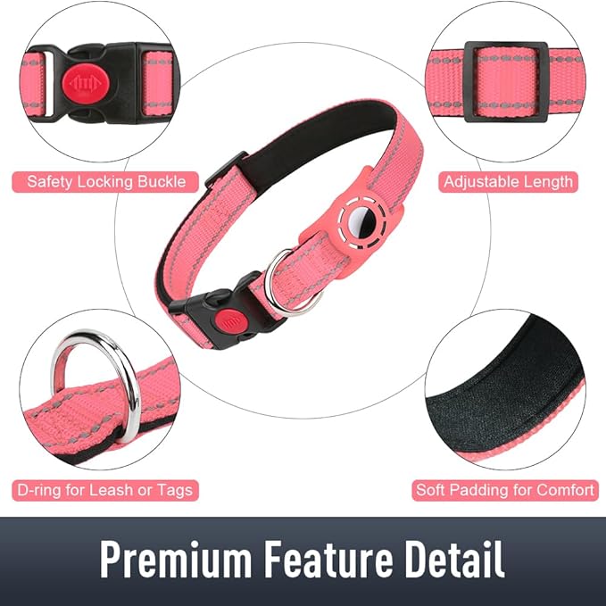 Airtag Dog Collar with AirTag Holder for Medium Dogs, Reflective, Soft Padded & Safety Locking Buckle, Nylon Pet Collars Adjustable for All Breeds, Pink,M