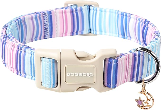 DOGWONG Blue Dog Collar, Beach Stripe Dog Collar Adjustable Soft Natural Fabric Girl Boy Pet Dog Collars Cute Puppy Necklace for Small Medium Large Dogs
