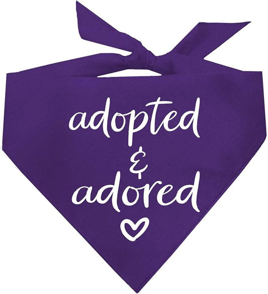Adopted and Adored Dog Bandana | 100% Cotton Adjustable Triangle | Made in USA | Adoption Event Prop Photoshoot | Rescue | Purple One Size (380)