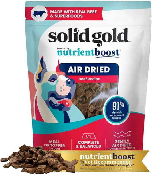 Solid Gold Air Dried Dog Food Toppers for Picky Eaters - Healthy Dog Treats Made with Real Beef to Serve as Meal Topper or Dog Treat - Supports Muscle Growth, Immunity, and Healthy Digestion - 2 LB