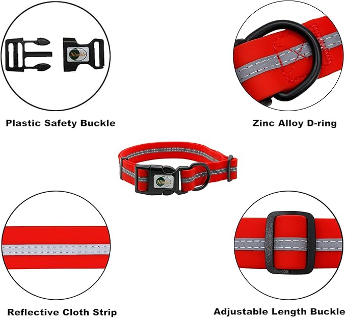 NIMBLE Dog Collar Waterproof Pet Collars Anti-Odor Durable Adjustable PVC & Polyester Soft with Reflective Cloth Stripe Basic Dog Collars S/M/L Sizes (Medium (11.81”-18.5”inches), Candy Red)