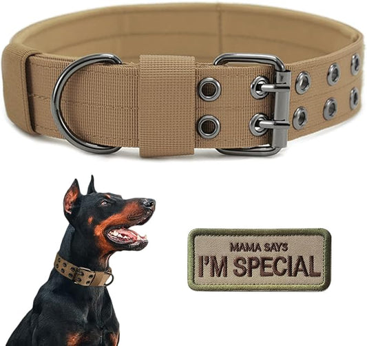Tactical Dog Collar Military Adjustable Dog Collars Soft Nylon K9 Training Collar with Patch Heavy Duty Metal Buckle Collars for Medium Large Dogs (Brown, L)