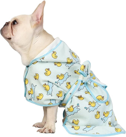HDE Dog Bathrobe Super Absorbent Quick Drying Towel with Hood for All Dog Breeds Sizes S-XXL - Rubber Duck Puddles - S