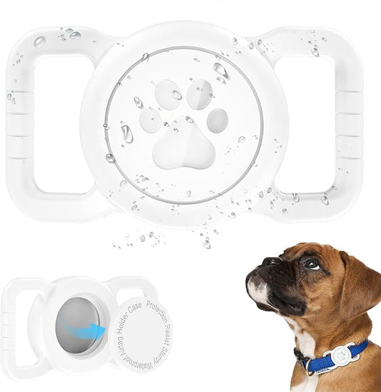SANKALA Airtag Dog Collar Holder, [1 Pack] Waterproof Dog Airtag Holder, Silicone Full Body Covered Anti-Lost Protective Apple Air Tag Holder for Pet Collar - Fits All Width Collars, White