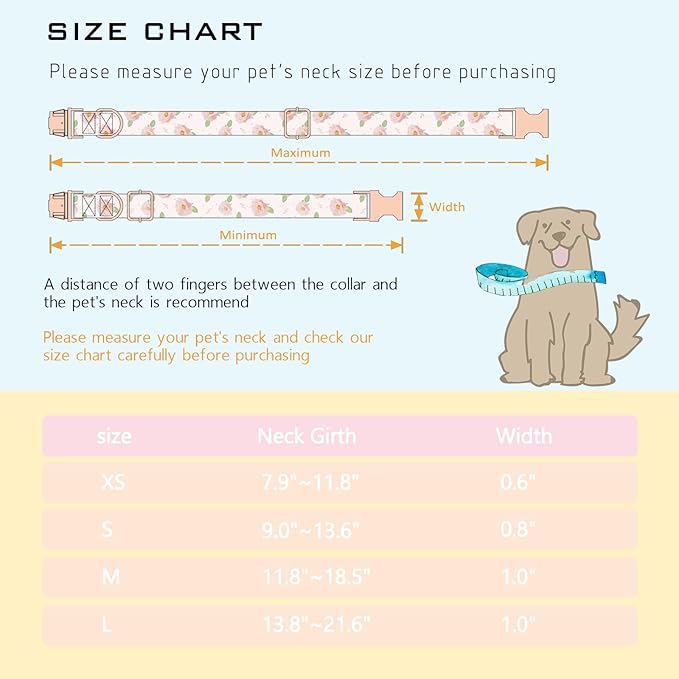 Faygarsle Pink Rose Pattern Dog Collar for Small Medium Large Dogs Cute Puppy Collars for Female Dogs for Summer Spring Wedding Necklace Girl Dog Collar XS