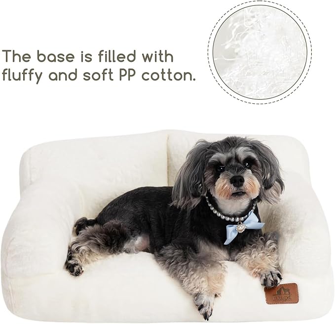 Hollypet Fluffy Plush Pet Cat Couch Soft Calming Pet Sofa Beds for Medium Small Cats and Dogs, White