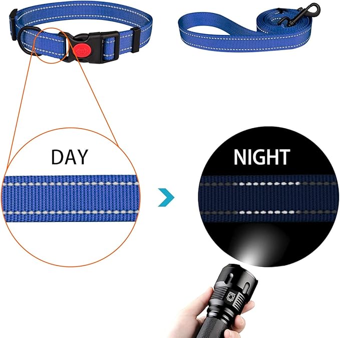 Reflective Dog Collar and Leash Set with Safety Locking Buckle Nylon Pet Collars Adjustable for Small Medium Large Dogs 3 Sizes(Navy Blue&M)