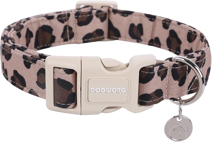 DOGWONG Cotton Dog Collar, Leopard Spring Summer Dog Collar Durable Soft Natural Fabric Pet Dog Collar Cute Wedding Puppy Necklace for Small Medium Large Dog