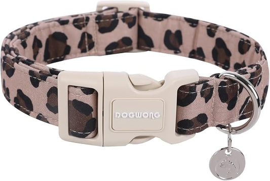 DOGWONG Cotton Dog Collar, Leopard Spring Summer Dog Collar Durable Soft Natural Fabric Pet Dog Collar Cute Wedding Puppy Necklace for Small Medium Large Dog