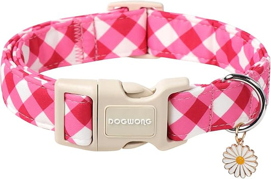 DOGWONG Pink Plaid Dog Collar, Pink Dog Collar Adjustable Soft Natural Fabric Girl Pet Dog Collars Cute Puppy Necklace for Small Medium Large Dogs