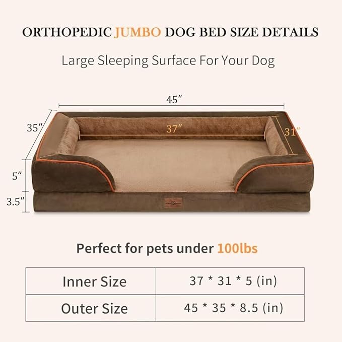 Comfort Expression Jumbo Dog Bed for Extra Large Dogs, Waterproof Orthopedic Dog Beds, PV Washable Sofa Bed, Large Breed Dogs Beds with Removable Cover & Non-Slip Bottom(Jumbo,Brown)