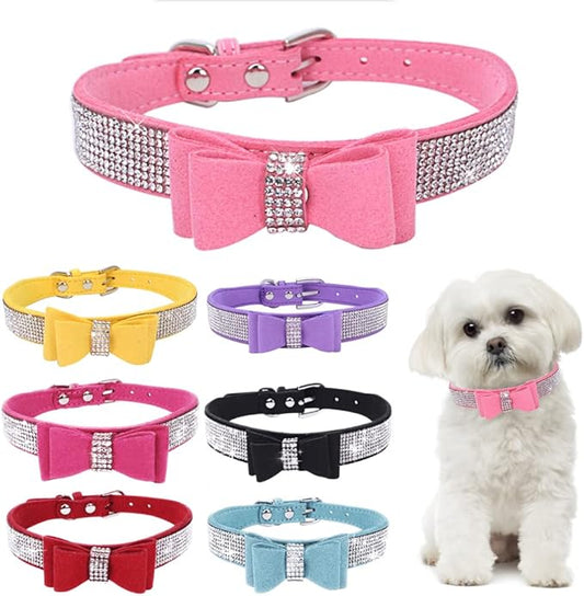 Small Dog Collars for Female Dogs, Cute Bling Rhinestone Crystal with Bow Tie Glitter Diamond Bowtie Puppy Collars for XXS XS Small Medium Large Pet Girls Dogs Cats, Pink S