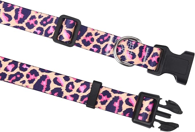 Dog Collar and Leash Set with Bohemia Floral Tribal Geometric Patterns - Soft Ethnic Style Collar Adjustable for Small Medium Large Dogs(Pink Leopard Set,M)