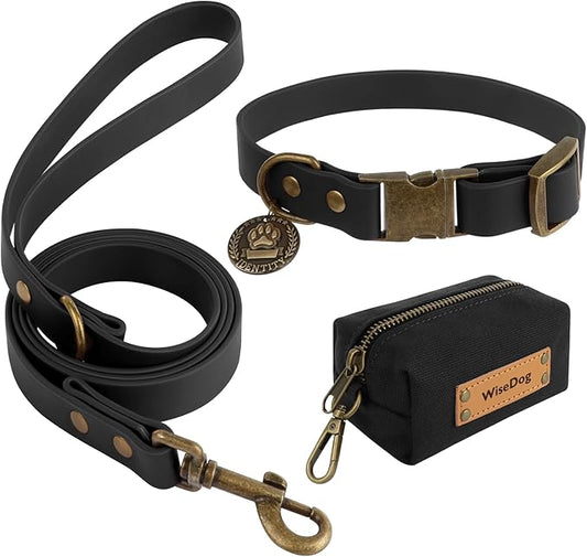 Wisedog Dog Collar and Leash Set Combo: Adjustable Pet Collars with Dog Leashes for Small Medium Large Dogs, Includes 1 Bonus of Poop Bag Holder (M(Collar:12"-18";Leash:5 ft), Black)