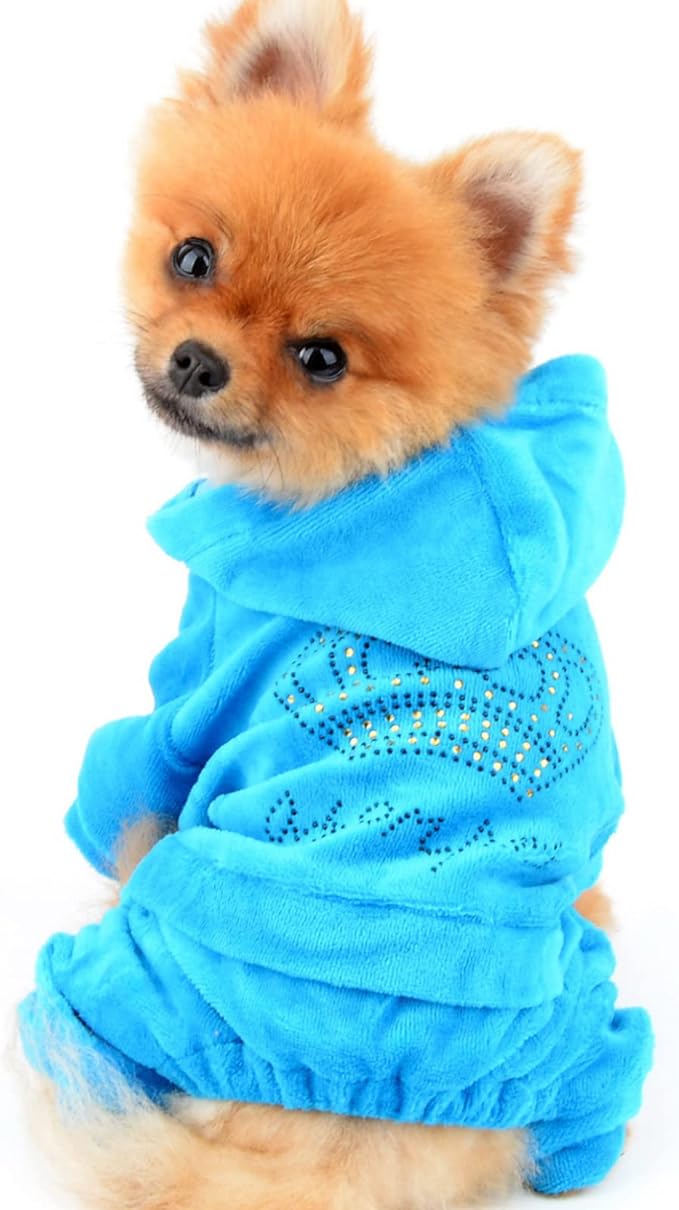 SEIMAI Dog Hoodies Jumpsuit for Small Dog Cat Puppy Rhinestone Crown Soft Velvet Autumn Winter Hooded Pajamas Tracksuit Outfits Sportswear Jacket with Hat Training Outdoor Blue XL