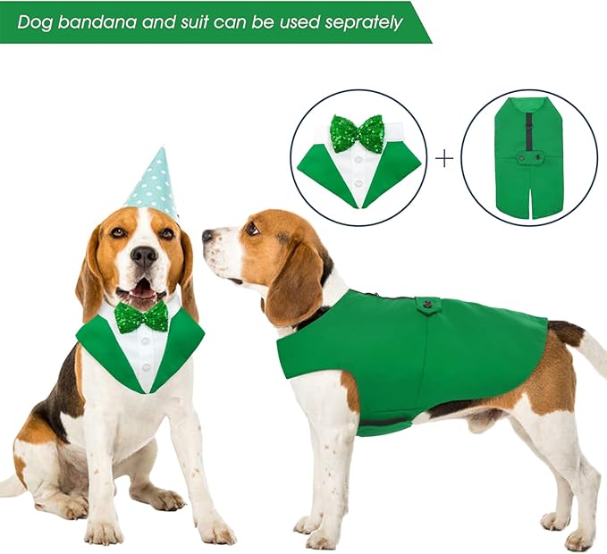 Kuoser St. Patrick's Day Tuxedo Suit and Bandana Set, Wedding Party Suit, Prince Bow Tie Shirt Formal Attire for Large and Medium Dogs, Golden Retriever Samo Bulldogs