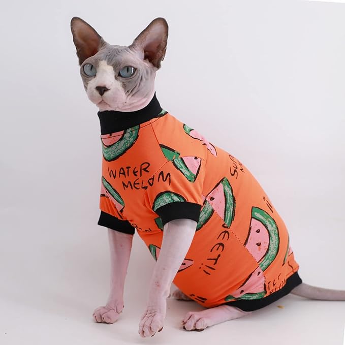 Sphynx Hairless Cat Cute Summer Cotton T-Shirts Pet Clothes,Round Collar Kitten Shirts Cats Apparel (Orange Watermelon, Medium (Pack of 1))