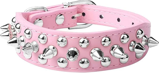 Spiked Dog Collar Soft Pu Leather Mushrooms Rivet Spike Studded Puppy Adjustable Pet Collars for Small Breeds (XS, Pink)