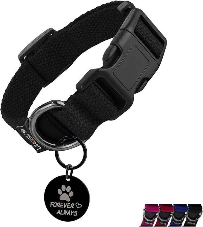 Cotton Soft Dog Collar, Quick Release Dog Collar with Buckle, Heavy-Duty Adjustable Pet Collar for XS Small Medium Large Dog, Colorfast Dog Collars with Removable Tag(XS, Black)