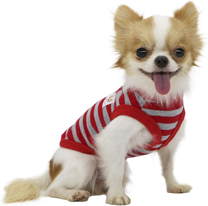 LOPHIPETS 100% Cotton Striped Dog Shirts for Small Dogs Chihuahua Puppy Clothes Tank Vest-Red and Gray Strips/XL