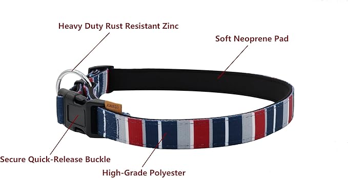 Dog Collar, Cute Multi Stripe Pattern, Neoprene Padded and Adjustable Collar with Quick Release Buckle, Reinforced Structure (L (Neck 18-28", Width 1"), Rainbow Navy)