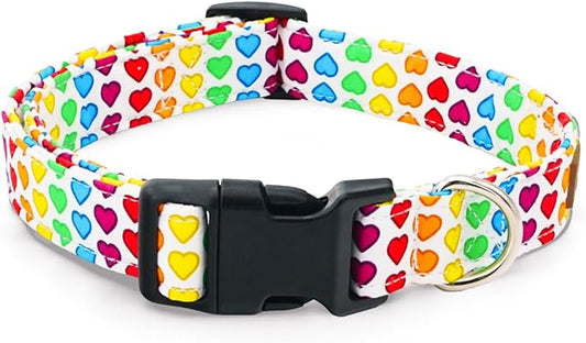 Tunkoo Pride Dog Collar with Colorful Heart, Cute Adjustable Premium Cotton Collar Durable Plastic Buckle for Valentines Day Small Medium Large Boys Girls Dogs, M