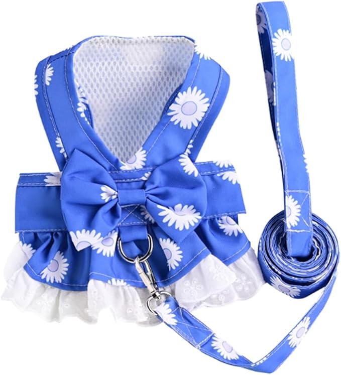 Dog Harness Dress for Small Dog Daisy Floral Dog Harness and Leash Set Bow Knot Girl Puppy Princess Skirt with D-Ring Mesh Summer Pet Clothes for Cat Dogs (Medium, Blue)