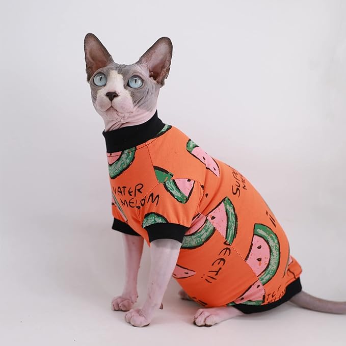 Sphynx Hairless Cat Cute Summer Cotton T-Shirts Pet Clothes,Round Collar Kitten Shirts Cats Apparel (Orange Watermelon, Medium (Pack of 1))
