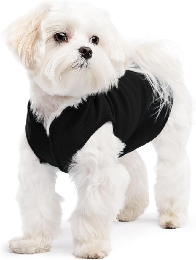 Stretch Fleece Dog Coat, Stretchy Pet Sweater, Machine Washable Pullover for Winter and Fall, Black, 8