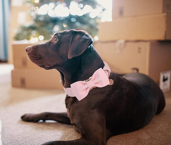 DOGWONG Cotton Dog Collar with Bow, Pink Pet Collar Durable Adjustable Puppy Collar for Small Medium Large Dogs