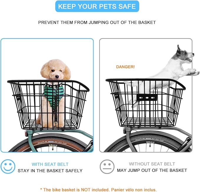 Dog Seat Belt for Bike Basket, Retractable Bicycle Dog Seatbelt, Elastic Pet Safety Leash Harness for Cat, Dog Leash Extension Attachment Shock Absorbing Lead Extension Absorber (Black)