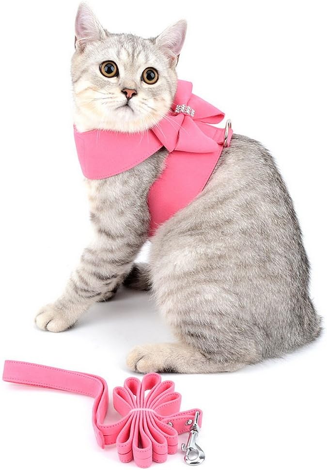 SELMAI Small Pet Dog Cat Bling Rhinestone Harness and Leash Set Bow Girls Soft Ultra Suede Leather, Adjustable/No Pull