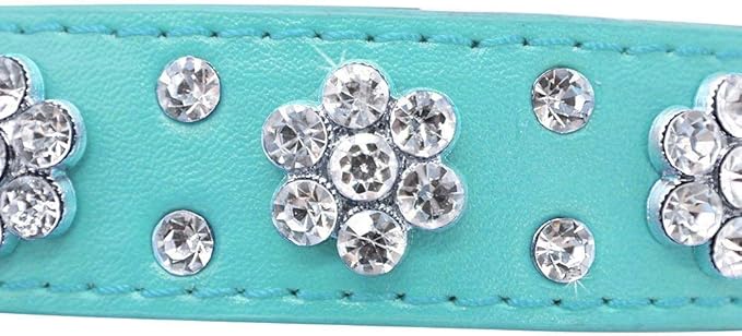 Cute Flower Rhinestone Dog Collar, Bling Collar PU Leather, Adjustable Sizes S (8-10.5 inch / 21-27cm), M (10-12.5 inch / 26-32cm), L (12-14.5 inch / 31-37cm), Blue