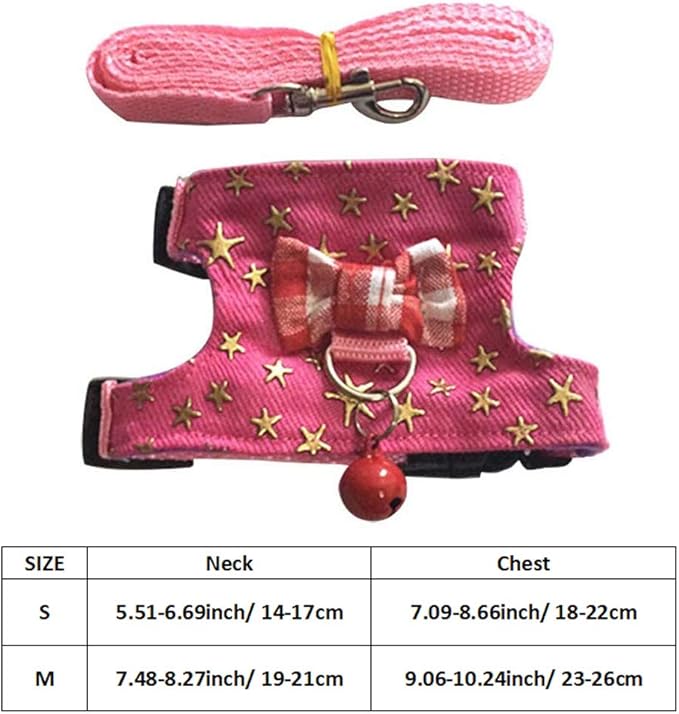 Small Animal Collar Leash Harness with Cute Bows and Bells Comfortable Durable Adjustable Suitable for Rabbit Guinea Pig Chinchilla Ferret Kitten Hamster Squirrel (Small,Pink Star)