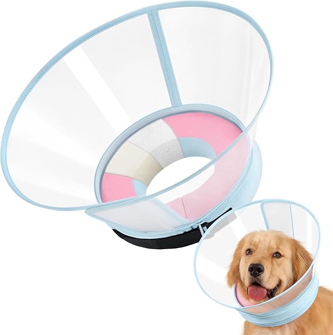 Sponge Core Dog Cone, Inflatable Dog Cone Collar Alternative, Dogs Donut Collar After Surgery, Soft Cone for Large Medium Small Dogs to Stop Licking, No Inflation Required, Clear View(Size 6, Pink)