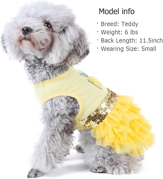 KYEESE Dog Dress Pineapple Yellow Tiered Dogs Beach Dresses with Sequins for Small Dogs Spring Summer