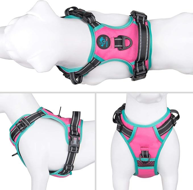 PHOEPET 2019 Upgraded No Pull Dog Harness, Reflective Adjustable Vest, with a Training Handle + 2 Metal Leash Hooks+ 3 Snap Buckles +4 Slide Buckles(XS, Pink)