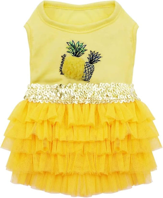 KYEESE Dogs Dress Pineapple Yellow Tiered Dogs Beach Dresses with Sequins Cat Dress Puppy Dress Dog Clothes